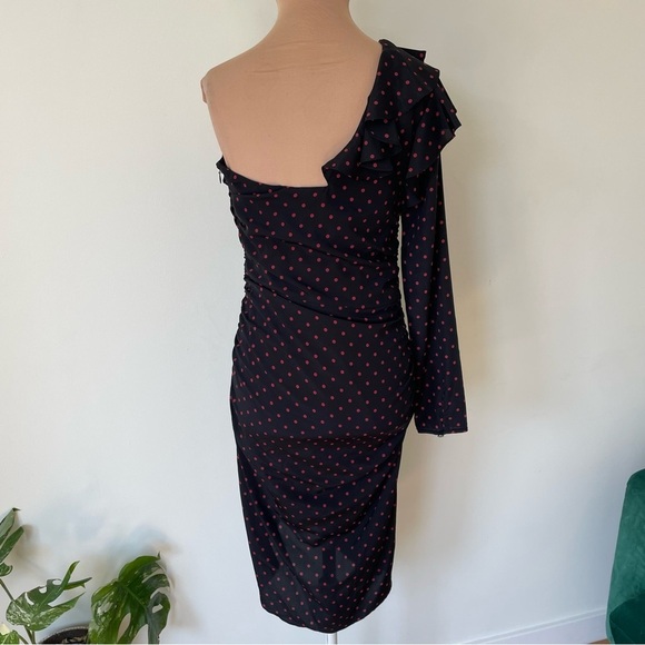 VERONICA BEARD Leona Ruched Black Red Polka-Dot One-Shoulder Ruffle Dress EUC 6 - Picture 6 of 12